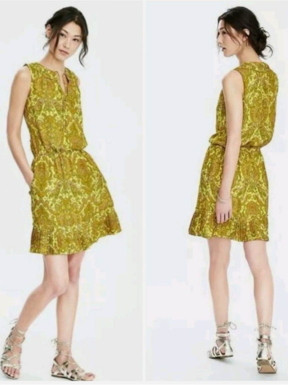 *Banana Republic Yellow Paisley Sleeveless Ruffle-Hem Mini Dress
